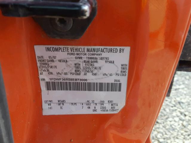 1FDWF36R58EB73006 - 2008 FORD F350 SUPER ORANGE photo 10