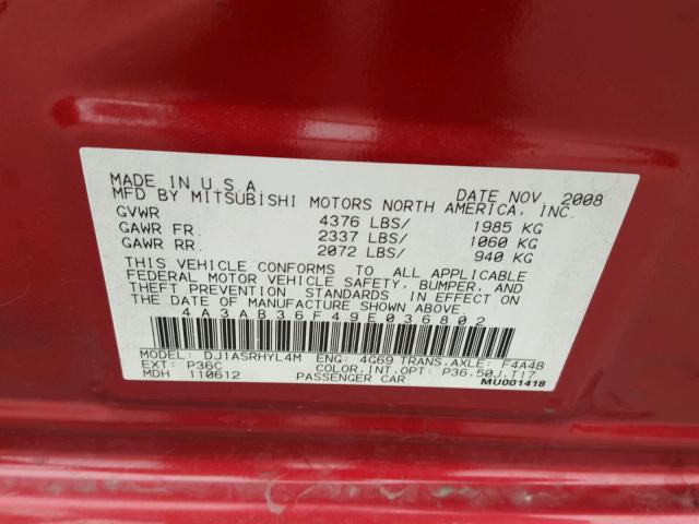 4A3AB36F49E036802 - 2009 MITSUBISHI GALANT ES BURGUNDY photo 10