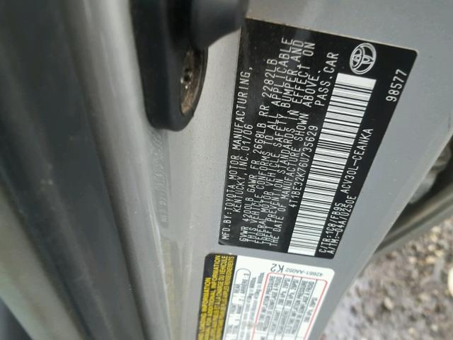 4T1BE32K76U735629 - 2006 TOYOTA CAMRY LE 银色 照片 10