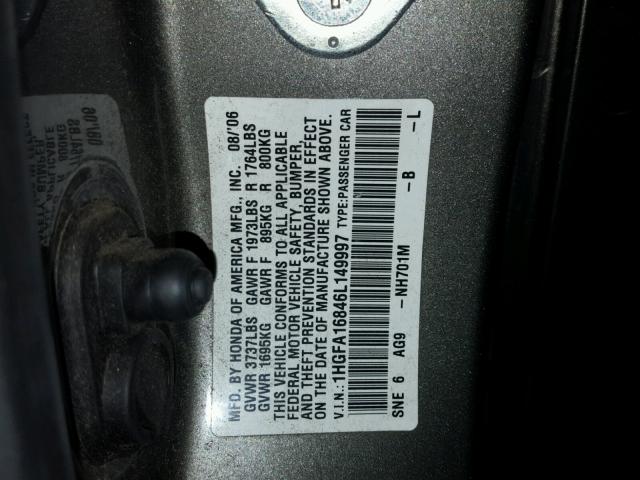 1HGFA16846L149997 - 2006 HONDA CIVIC EX GRAY photo 10