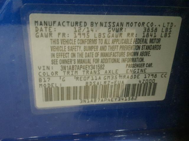 3N1AB7AP4EY341582 - 2014 NISSAN SENTRA S BLUE photo 10