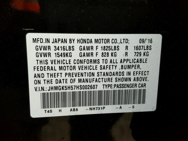 JHMGK5H57HS002607 - 2017 HONDA FIT LX Siyah fotoğraf 10