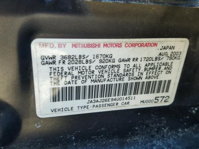 JA3AJ26E94U014511 - 2004 MITSUBISHI LANCER ES BLACK photo 10