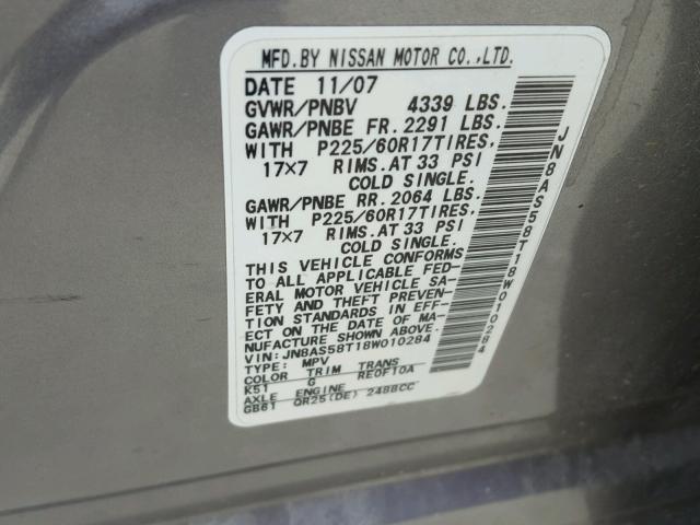 JN8AS58T18W010284 - 2008 NISSAN ROGUE S GRAY photo 10