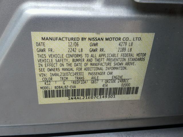 1N4AL21E07C149301 - 2007 NISSAN ALTIMA 2.5 GRAY photo 10