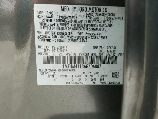 1MEHM41136G606087 - 2006 MERCURY MONTEGO LU GRAY photo 10