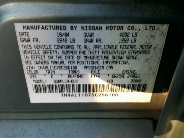 1N4AL11D75C266100 - 2005 NISSAN ALTIMA S GREEN photo 10