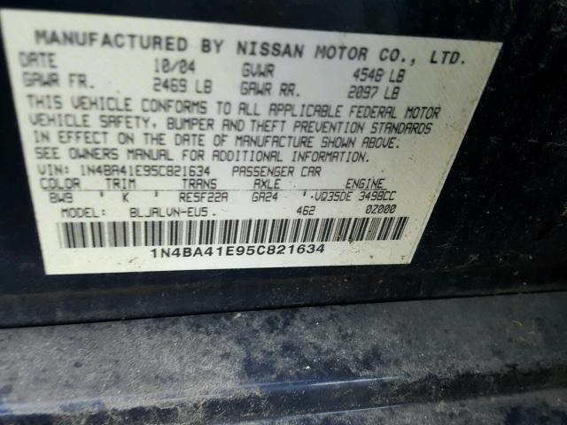 1N4BA41E95C821634 - 2005 NISSAN MAXIMA SE BLUE photo 10