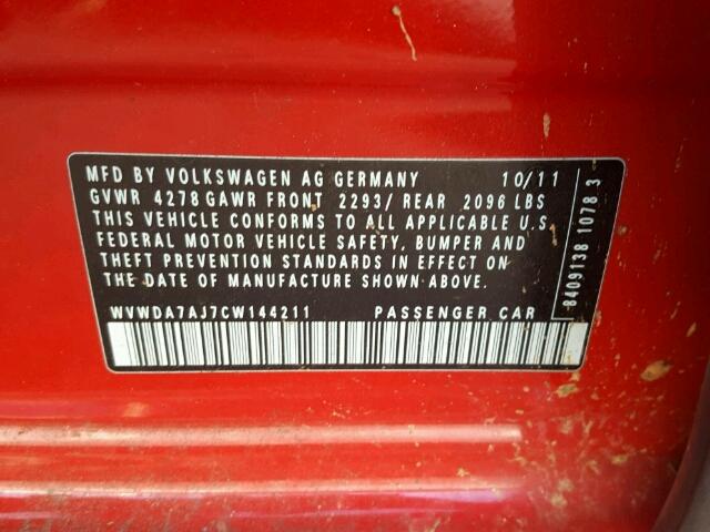 WVWDA7AJ7CW144211 - 2012 VOLKSWAGEN GOLF 红色 照片 10