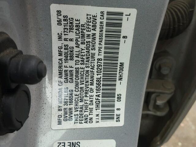 1HGFA16568L102978 - 2008 HONDA CIVIC LX SILVER photo 10