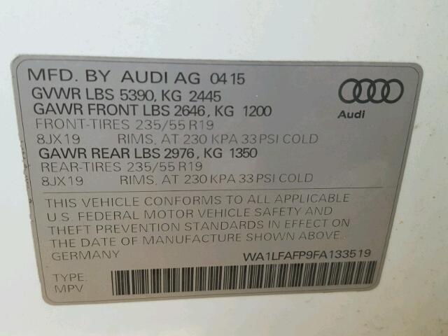 WA1LFAFP9FA133519 - 2015 AUDI Q5 PREMIUM WHITE photo 10