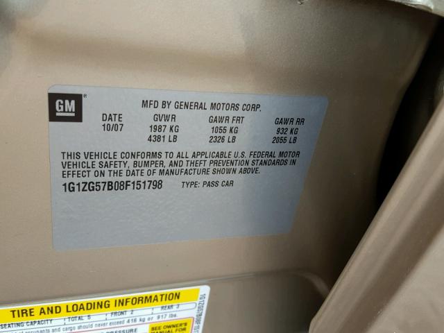 1G1ZG57B08F151798 - 2008 CHEVROLET MALIBU LS ოქროსფერი ფოტო 10