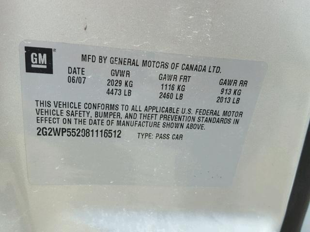 2G2WP552081116512 - 2008 PONTIAC GRAND PRIX SILVER photo 10