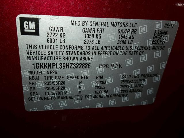 1GKKNPLS9HZ322826 - 2017 GMC ACADIA DEN RED photo 10