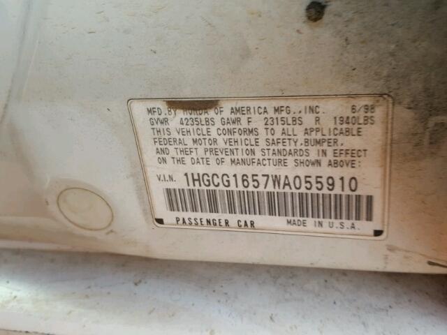 1HGCG1657WA055910 - 1998 HONDA ACCORD EX WHITE photo 10