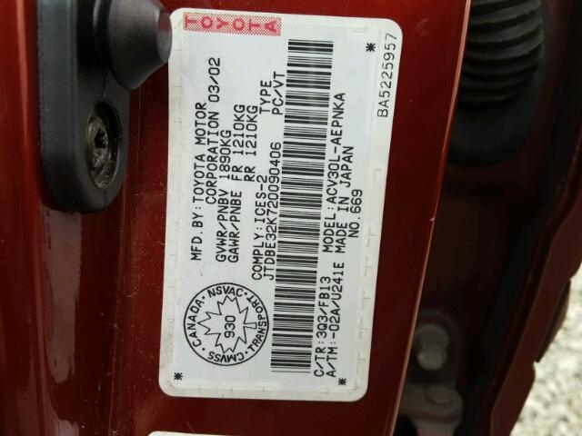 JTDBE32K720090406 - 2002 TOYOTA CAMRY LE BURGUNDY photo 10