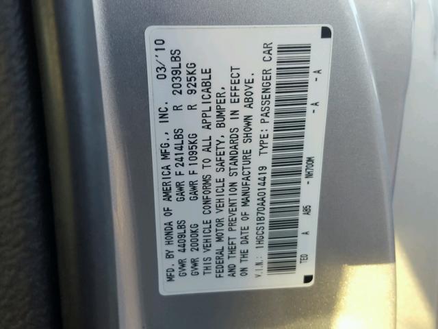 1HGCS1B70AA014419 - 2010 HONDA ACCORD EX SILVER photo 10