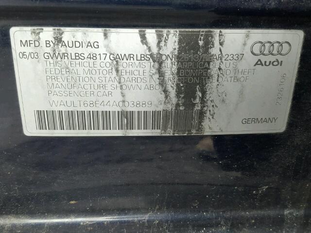 WAULT68E44A003889 - 2004 AUDI A4 3.0 QUA BLUE photo 10