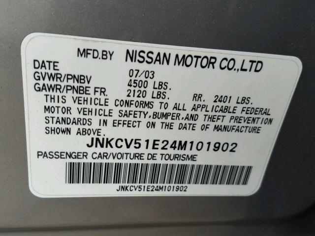 JNKCV51E24M101902 - 2004 INFINITI G35 GRAY photo 10