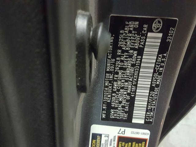 4T1BF1FKXHU331948 - 2017 TOYOTA CAMRY LE 石墨色 照片 10