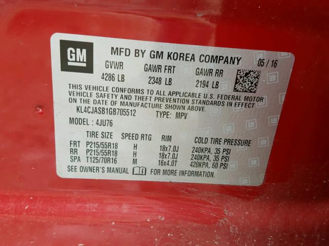 KL4CJASB1GB705512 - 2016 BUICK ENCORE RED photo 10