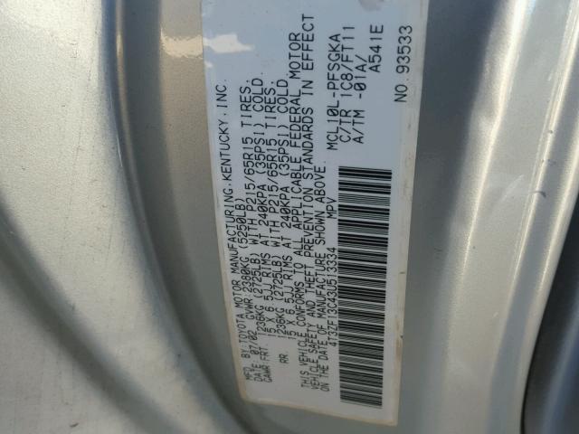 4T3ZF13C43U513334 - 2003 TOYOTA SIENNA LE SILVER photo 10