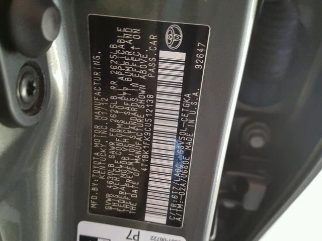 4T1BK1FK9CU512138 - 2012 TOYOTA CAMRY SE GRAY photo 10