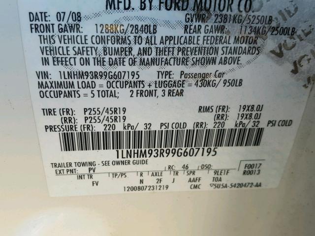 1LNHM93R99G607195 - 2009 LINCOLN MKS WHITE photo 10