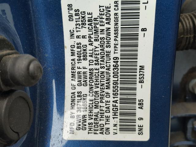 1HGFA16559L003649 - 2009 HONDA CIVIC LX BLUE photo 10