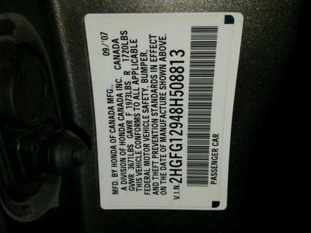 2HGFG12948H508813 - 2008 HONDA CIVIC EXL 灰色 照片 10