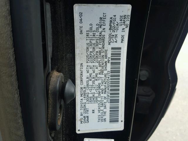 JTEGF21A920054153 - 2002 TOYOTA HIGHLANDER BLACK photo 10