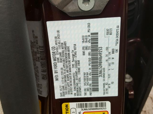 3LN6L5D98HR649253 - 2017 LINCOLN MKZ SELECT BURGUNDY photo 10