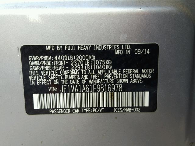 JF1VA1A61F9816978 - 2015 SUBARU WRX SILVER photo 10