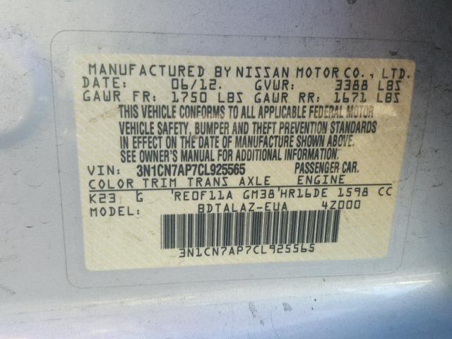 3N1CN7AP7CL925565 - 2012 NISSAN VERSA S SILVER photo 10