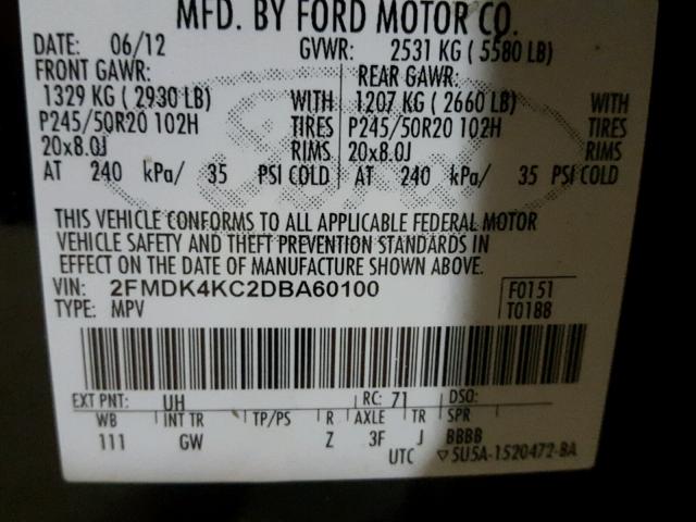 2FMDK4KC2DBA60100 - 2013 FORD EDGE LIMIT BLACK photo 10