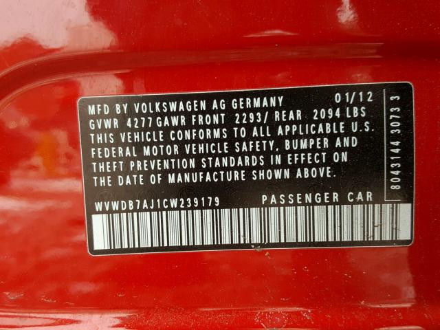 WVWDB7AJ1CW239179 - 2012 VOLKSWAGEN GOLF 红色 照片 10