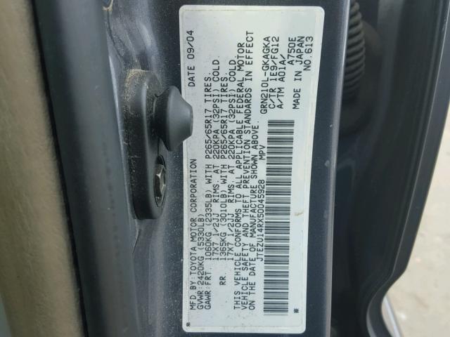 JTEZU14RX50045928 - 2005 TOYOTA 4RUNNER SR GRAY photo 10