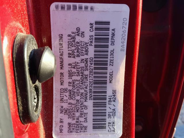 1NXBR32E17Z827450 - 2007 TOYOTA COROLLA CE RED photo 10