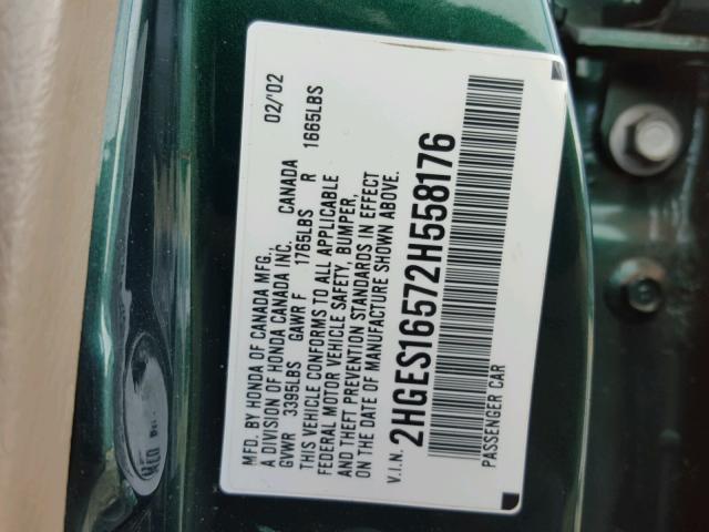 2HGES16572H558176 - 2002 HONDA CIVIC LX GREEN photo 10