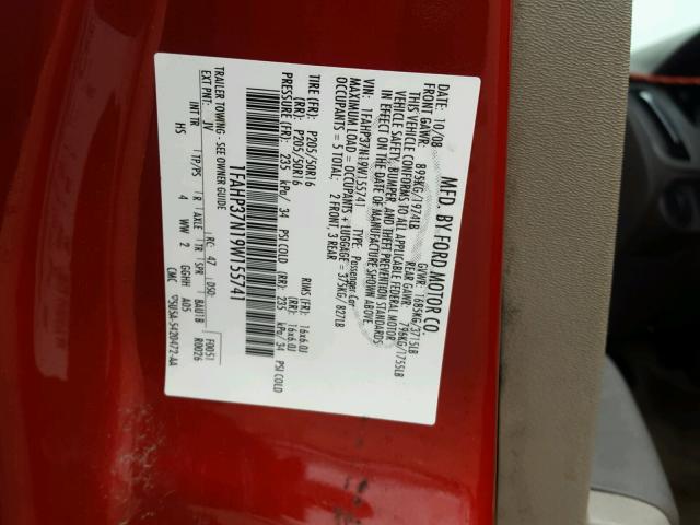 1FAHP37N19W155741 - 2009 FORD FOCUS SEL RED photo 10