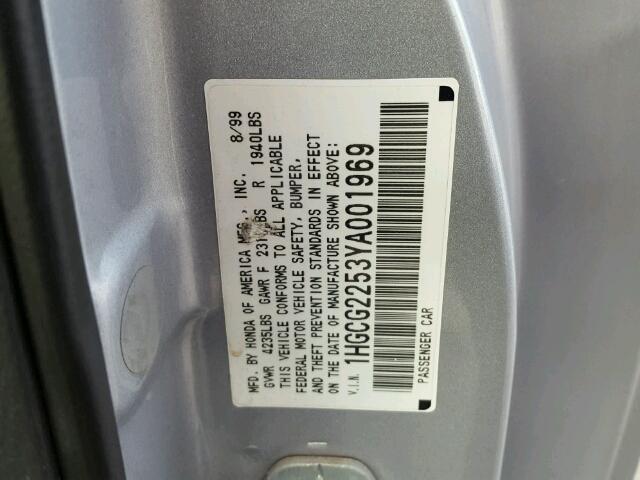 1HGCG2253YA001969 - 2000 HONDA ACCORD EX SILVER photo 10