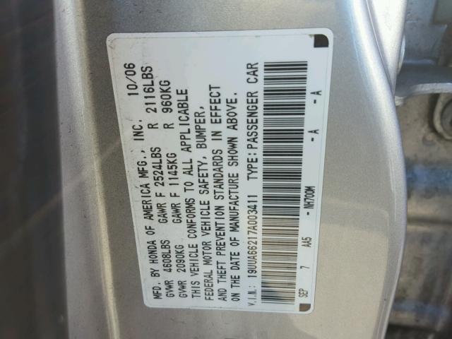 19UUA66217A003411 - 2007 ACURA TL SILVER photo 10