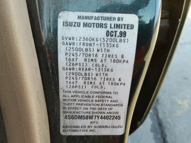 4S6DM58W7Y4402245 - 2000 HONDA PASSPORT E 绿色 照片 10