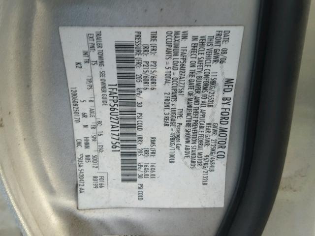 1FAFP56U27A177561 - 2007 FORD TAURUS SEL SILVER photo 10