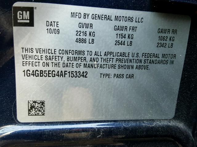 1G4GB5EG4AF153342 - 2010 BUICK LACROSSE C BLUE photo 10