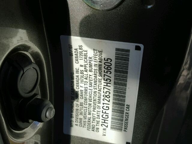 2HGFG12857H575605 - 2007 HONDA CIVIC EX ნაცრისფერი ფოტო 10