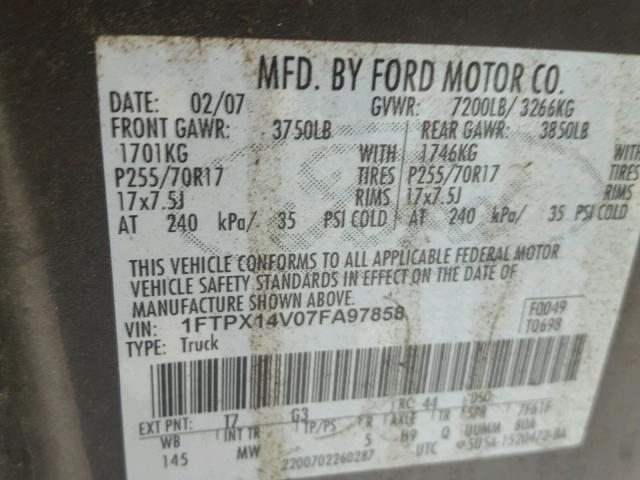 1FTPX14V07FA97858 - 2007 FORD F150 BLACK photo 10