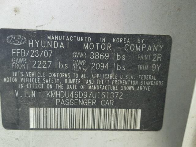 KMHDU46D97U161372 - 2007 HYUNDAI ELANTRA GL SILVER photo 10