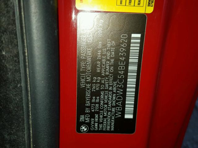 WBADW3C54BE439620 - 2011 BMW 328 I RED photo 10