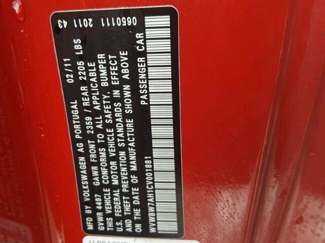 WVWBW7AH1CV001881 - 2012 VOLKSWAGEN EOS KOMFOR წითელი ფოტო 10
